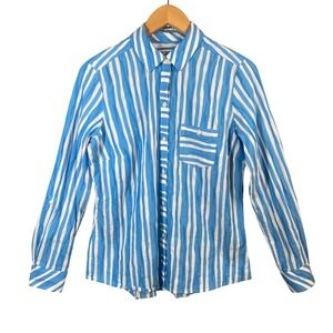 Foxcroft Striped‎ Seersucker Button Down Shirt Womens 6 Preppy Coastal Nautical